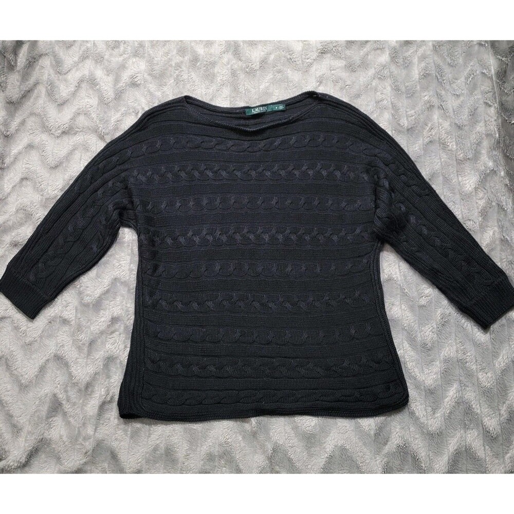 Lauren Ralph Lauren LRL Womens S Black Cable Knit 3/4 Sleeve Pullover Sweater